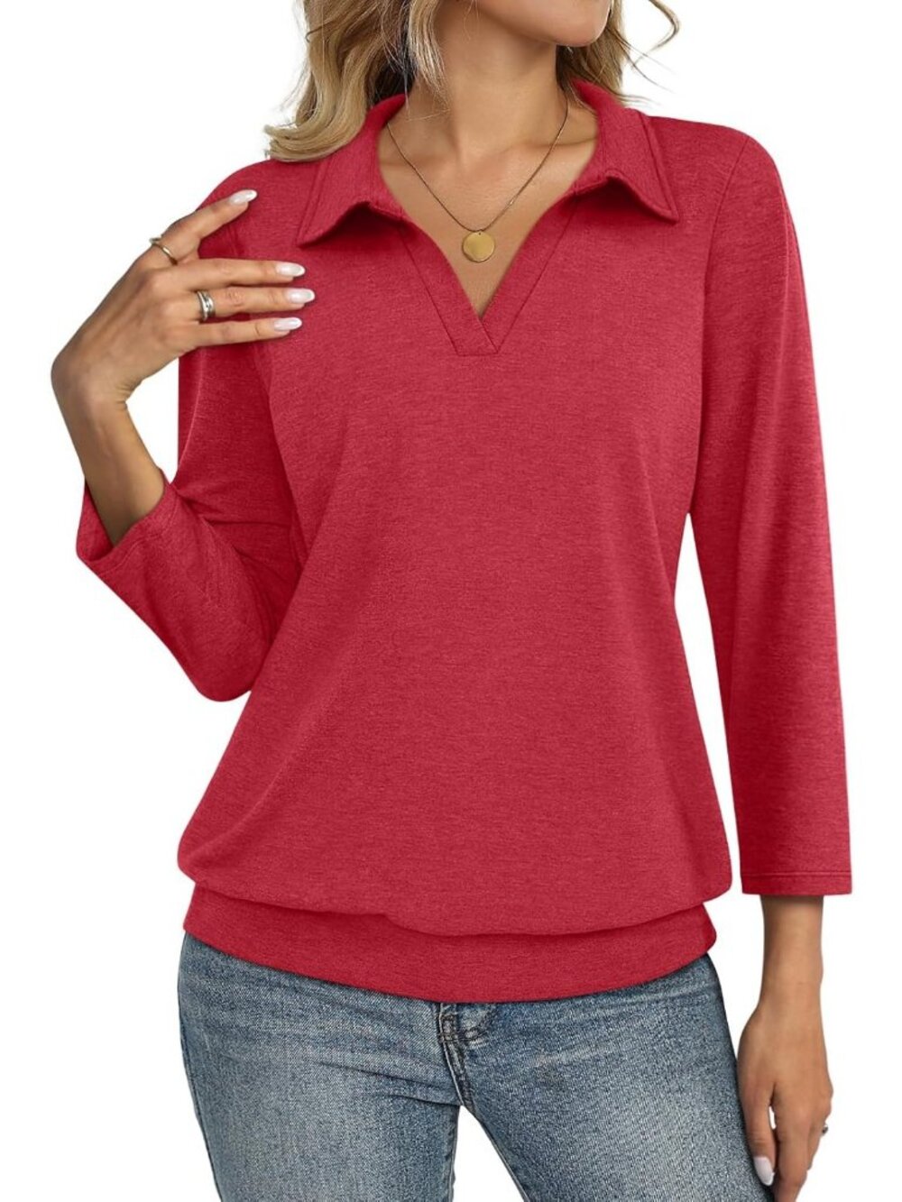 Women's Red V Neck Banded Bottom 3/4 Sleeve Shirts Collared Casual Blouses